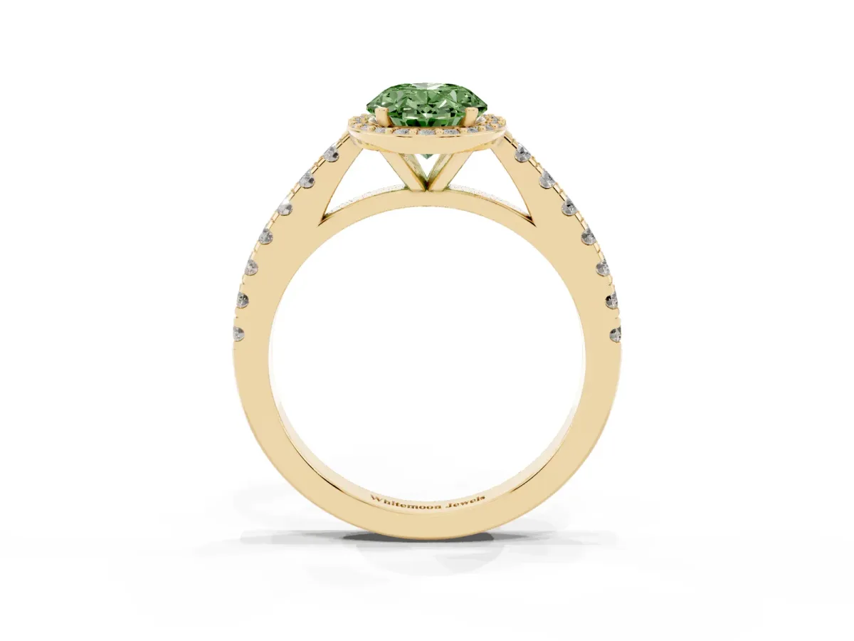 Fancy Green Oval Cut Cut Halo Diamond Engagement Ring with Pave Band and Four-Prong Setting Yellow gold