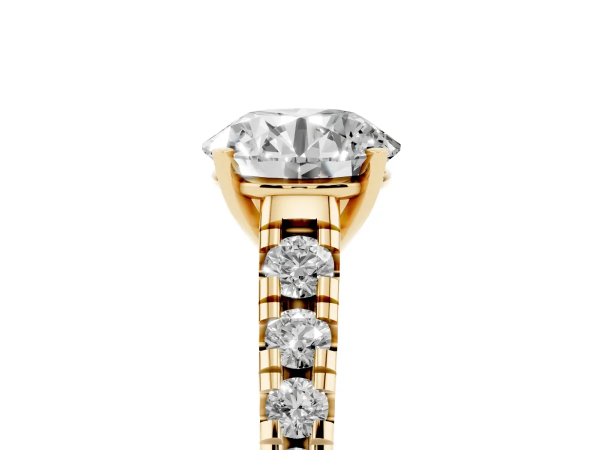 Round Cut Diamond Cathedral Solitaire Ring with Round Pavé Band Yellow gold