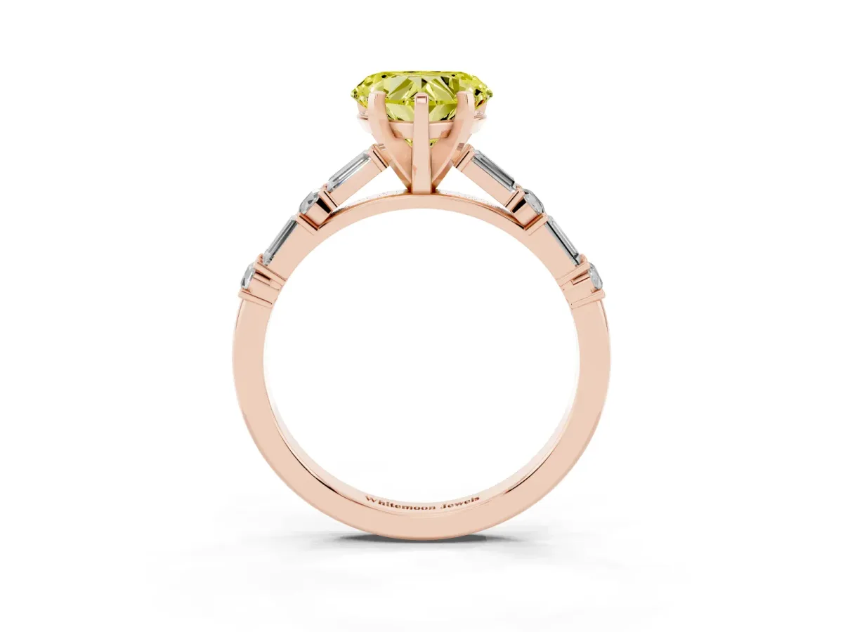 Fancy Yellow Heart Cut Diamond Solitaire with Side Baguettes and Channel Set Band Rose gold