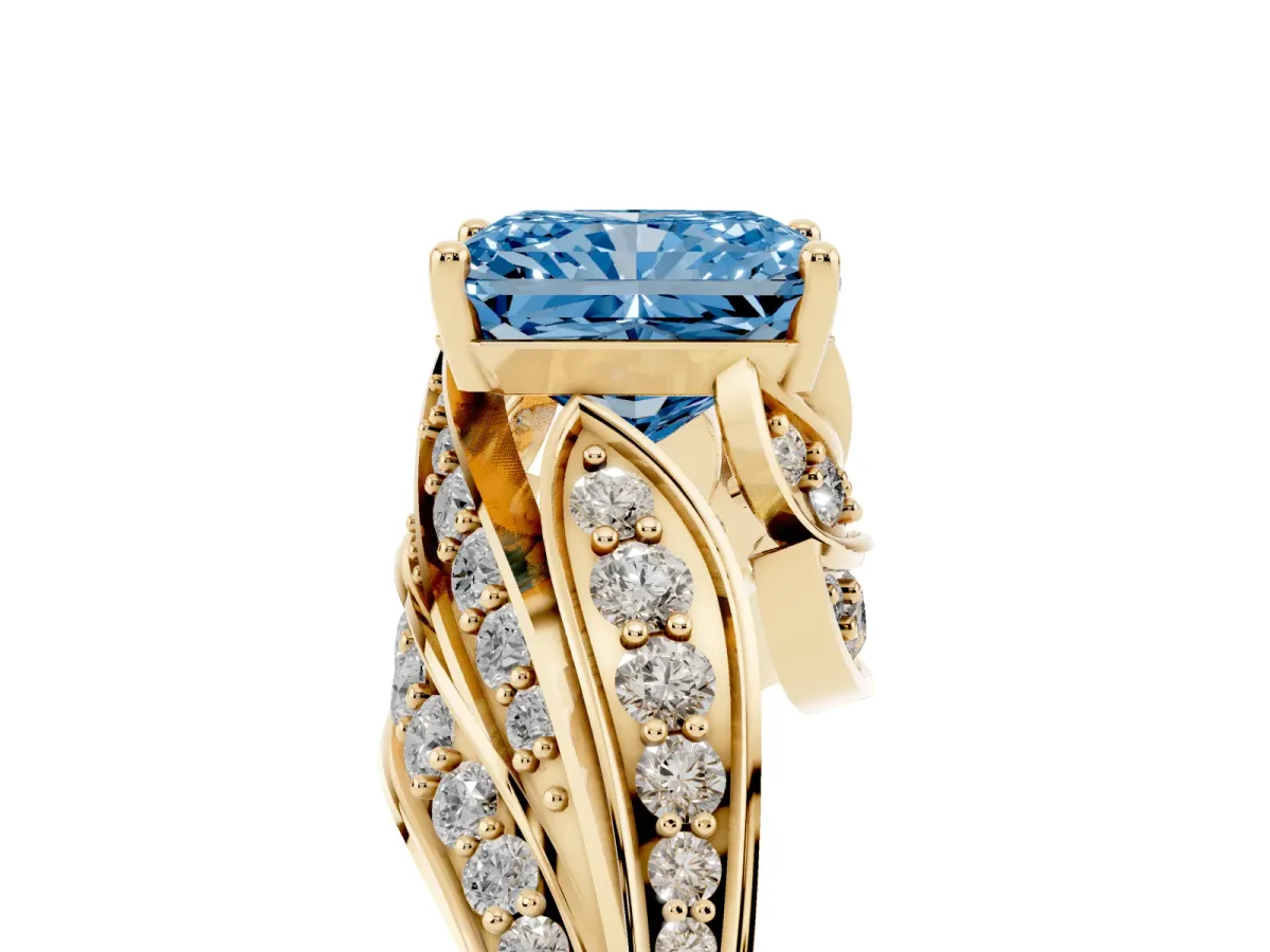 Fancy Blue Radiant Cut Diamond Solitaire Ring with Prong Setting and Twisted Pavé Band Yellow gold