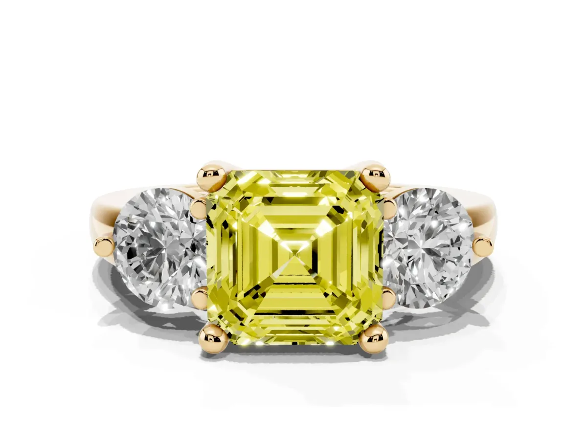 Fancy Yellow Three-Stone Asscher Cut Brilliant Cut Solitaire Ring with Prong Setting on a Classic Band Yellow gold