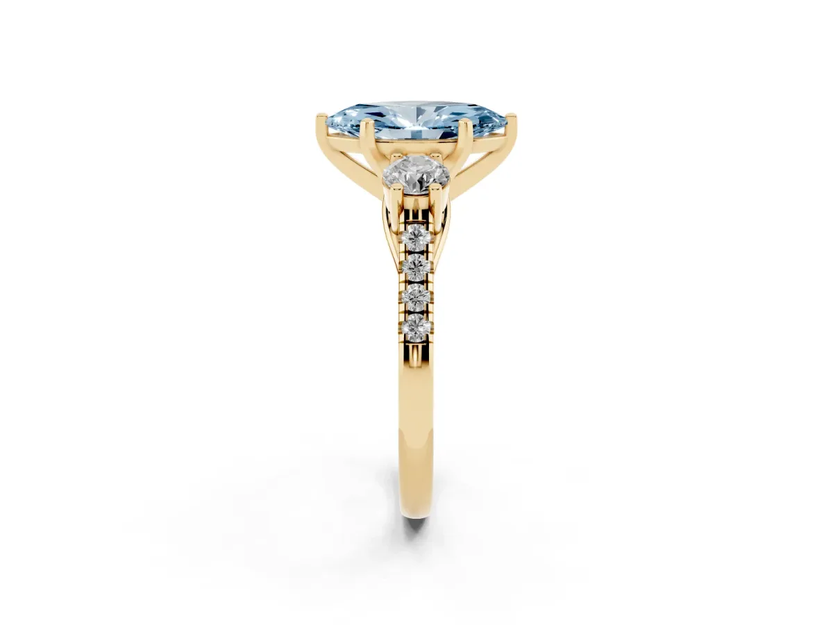 Fancy Blue Three-Stone Marquise Cut Diamond Pavé Band with Four-Prong Setting Yellow gold