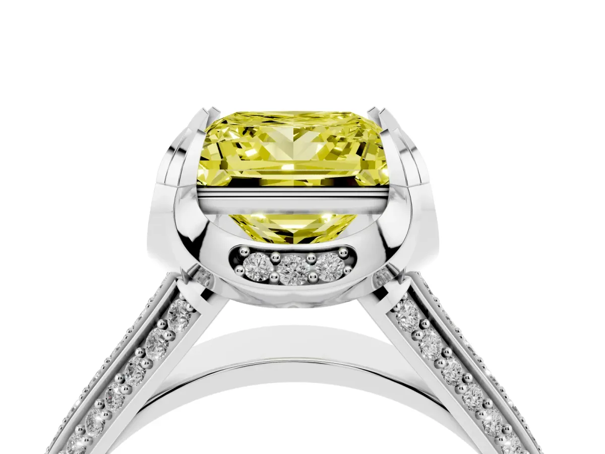 Fancy Yellow Princess Cut Solitaire Pave Split Shank Ring with Four-Prong Setting Silver
