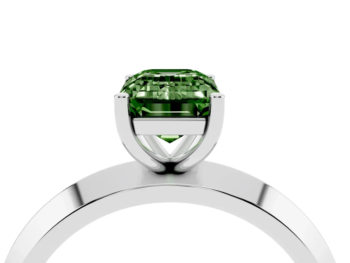 Fancy Green Emerald Cut Cut Solitaire Engagement Ring with Flat Band and Four-Prong Setting Silver