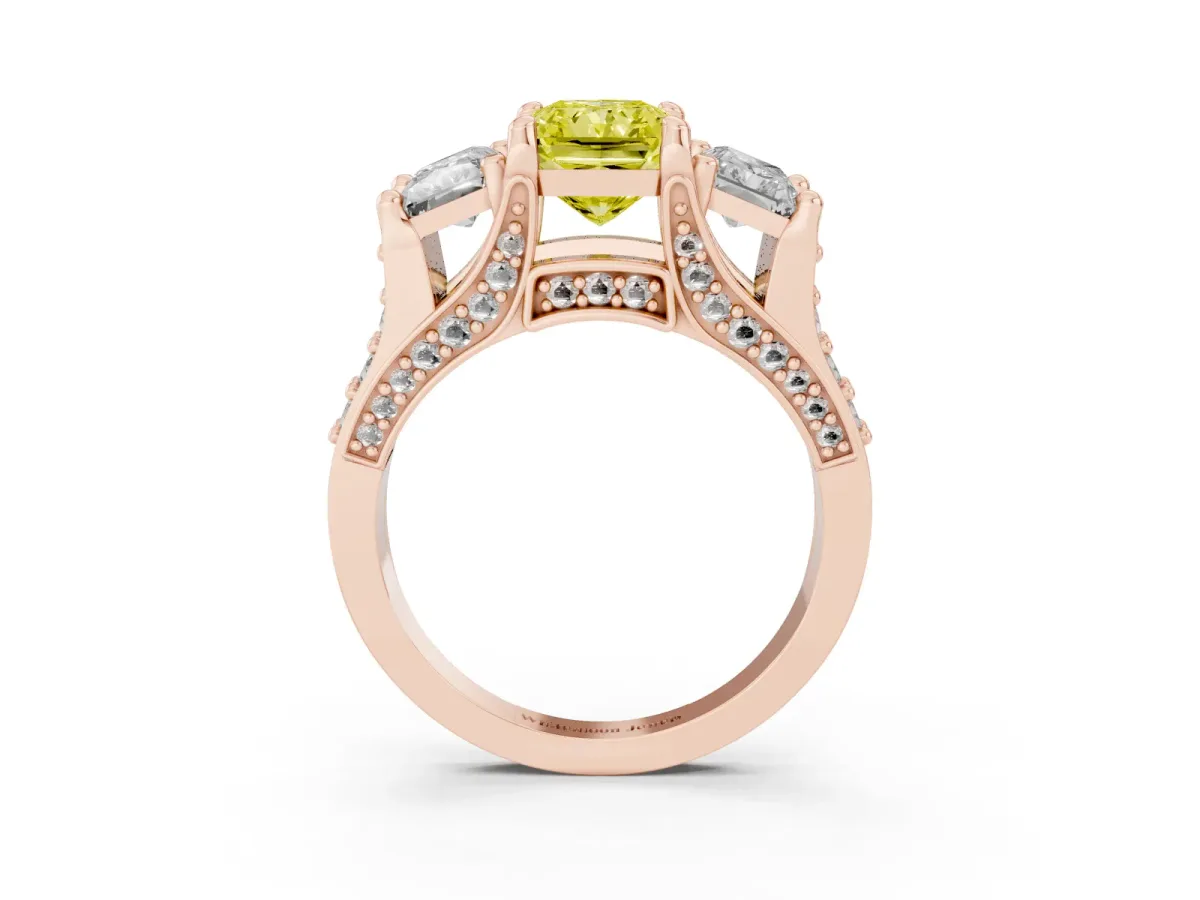 Fancy Yellow Radiant Cut Diamond Three-Stone Ring with Channel Set Band and Four-Prong Setting Rose gold