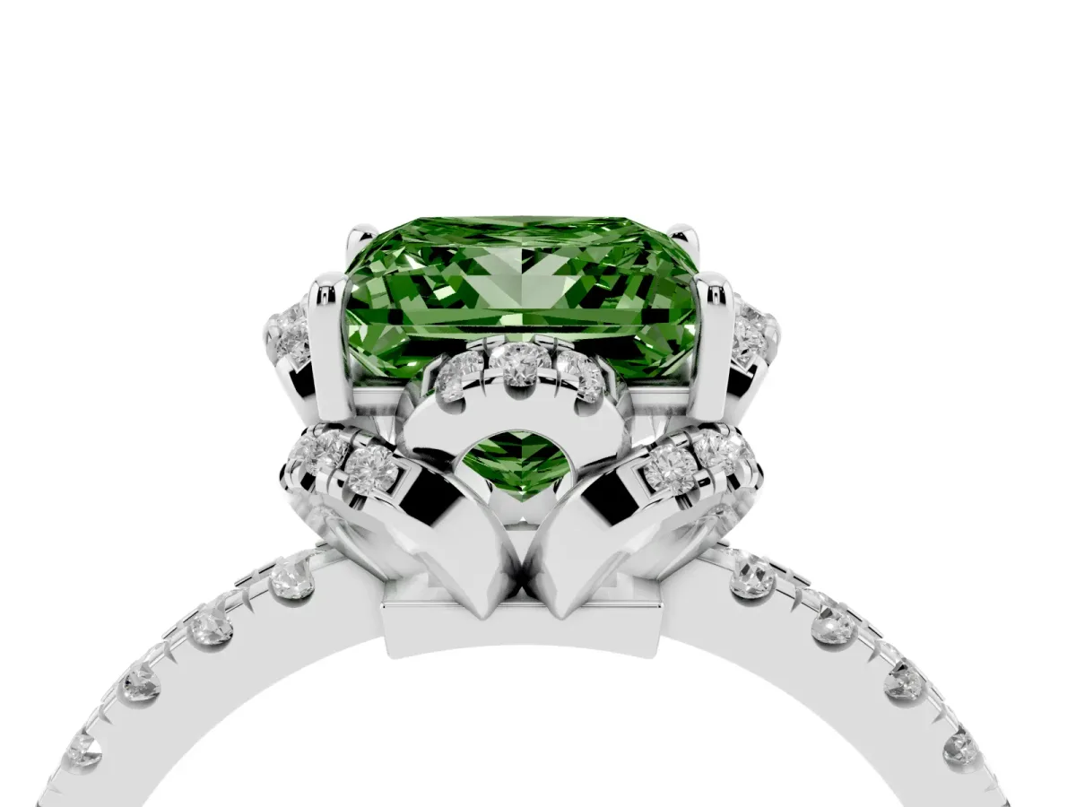 Fancy Green Princess Cut Halo Diamond Pave Band Ring with Four-Prong Setting Silver