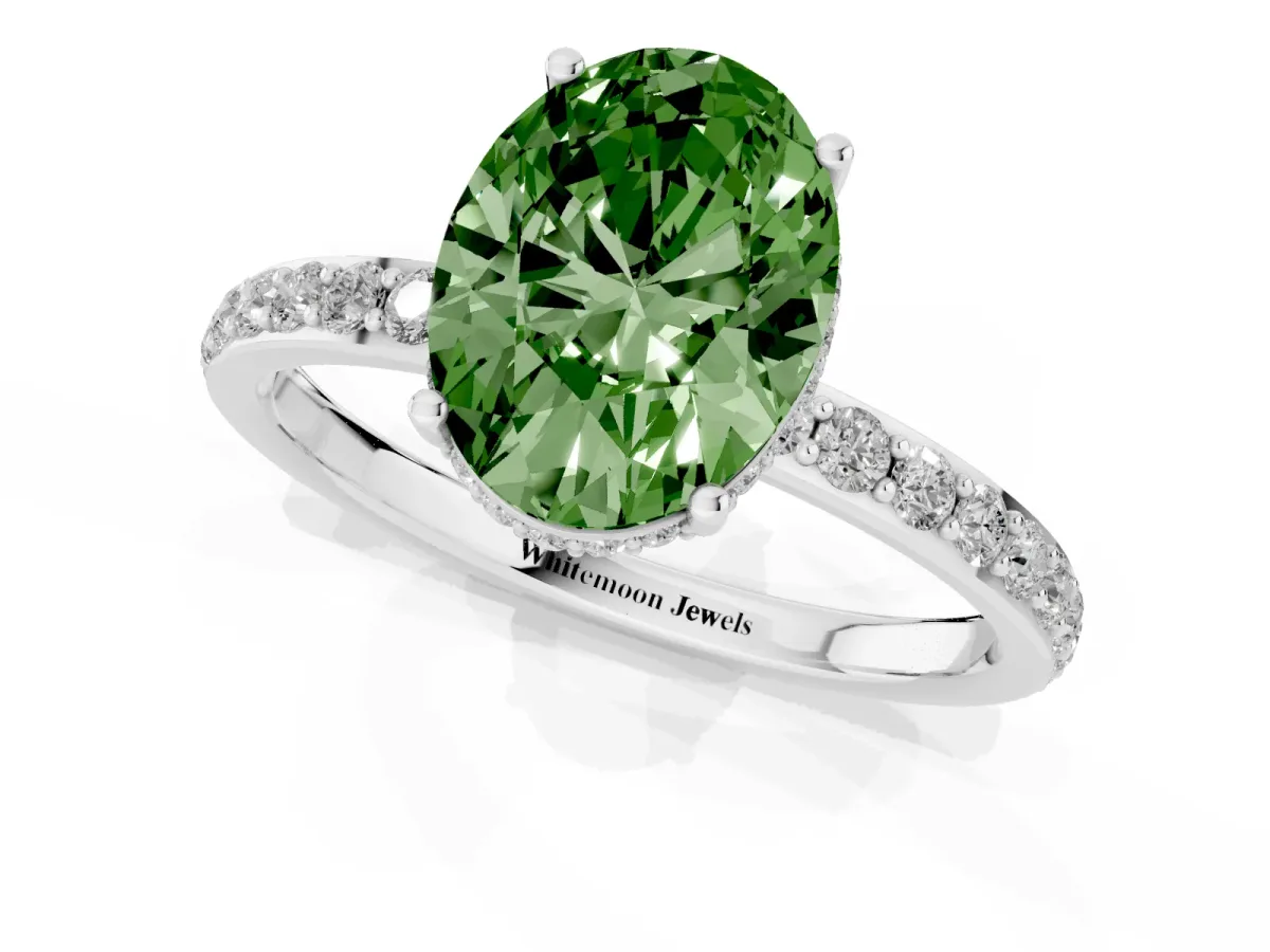 Fancy Green Oval Cut Diamond Solitaire Ring with Pavé Band and Hidden Halo Silver