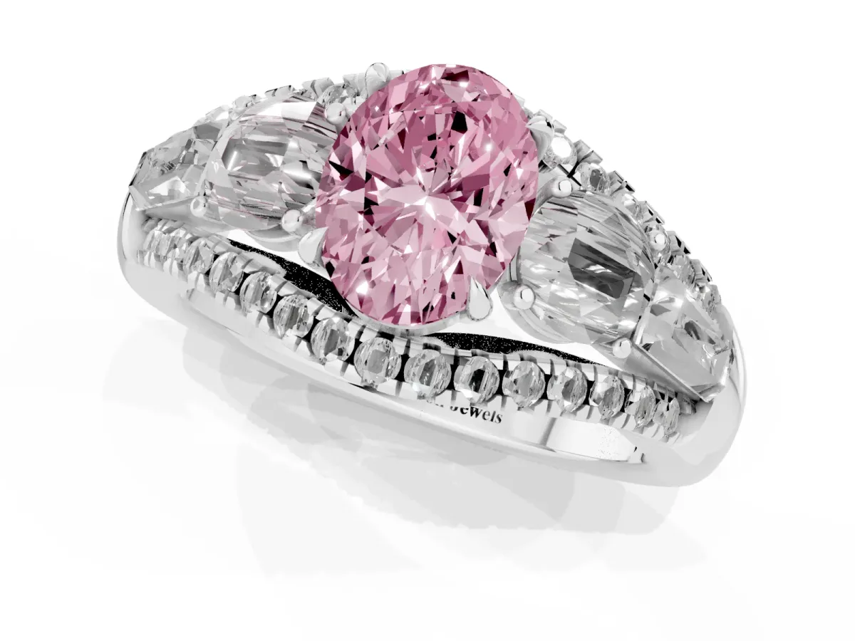 Fancy Pink Three-Stone Oval Cut Diamond Engagement Ring with Pave Band and Prong Setting Silver