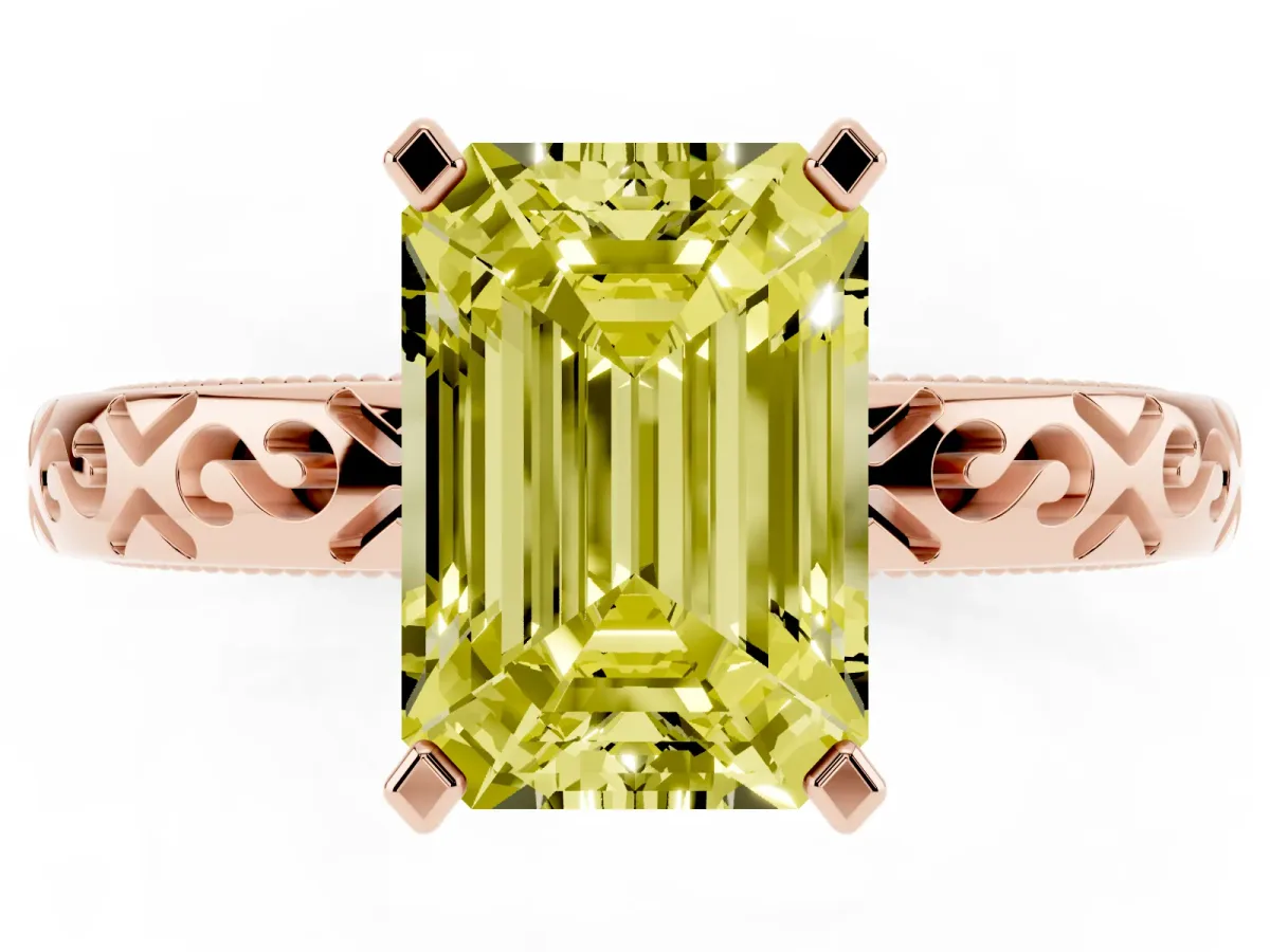 Fancy Yellow Emerald Cut Solitaire Engagement Ring with Scrollwork Band and Four-Prong Setting Rose gold