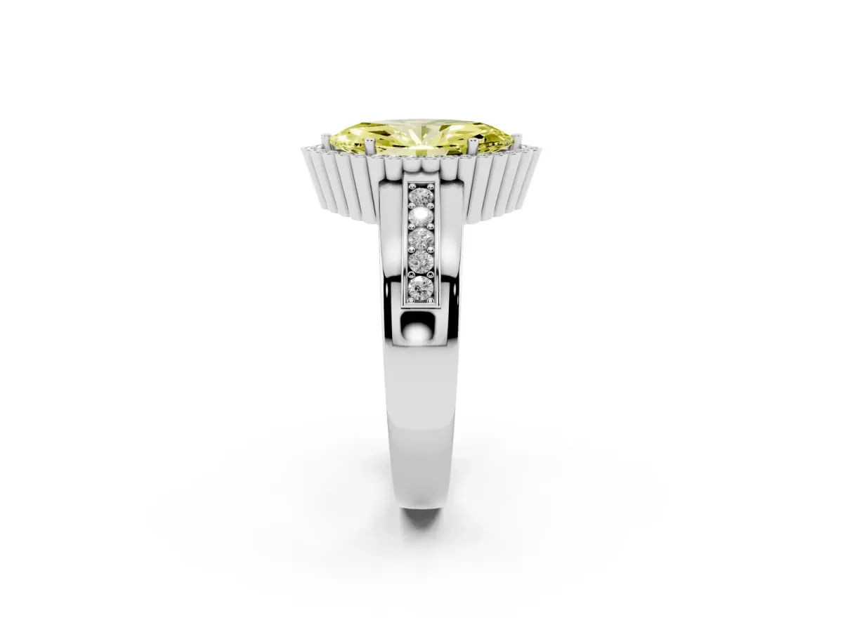 Fancy Yellow Marquise Cut Cut Halo Pave Band Four-Prong Ring White gold