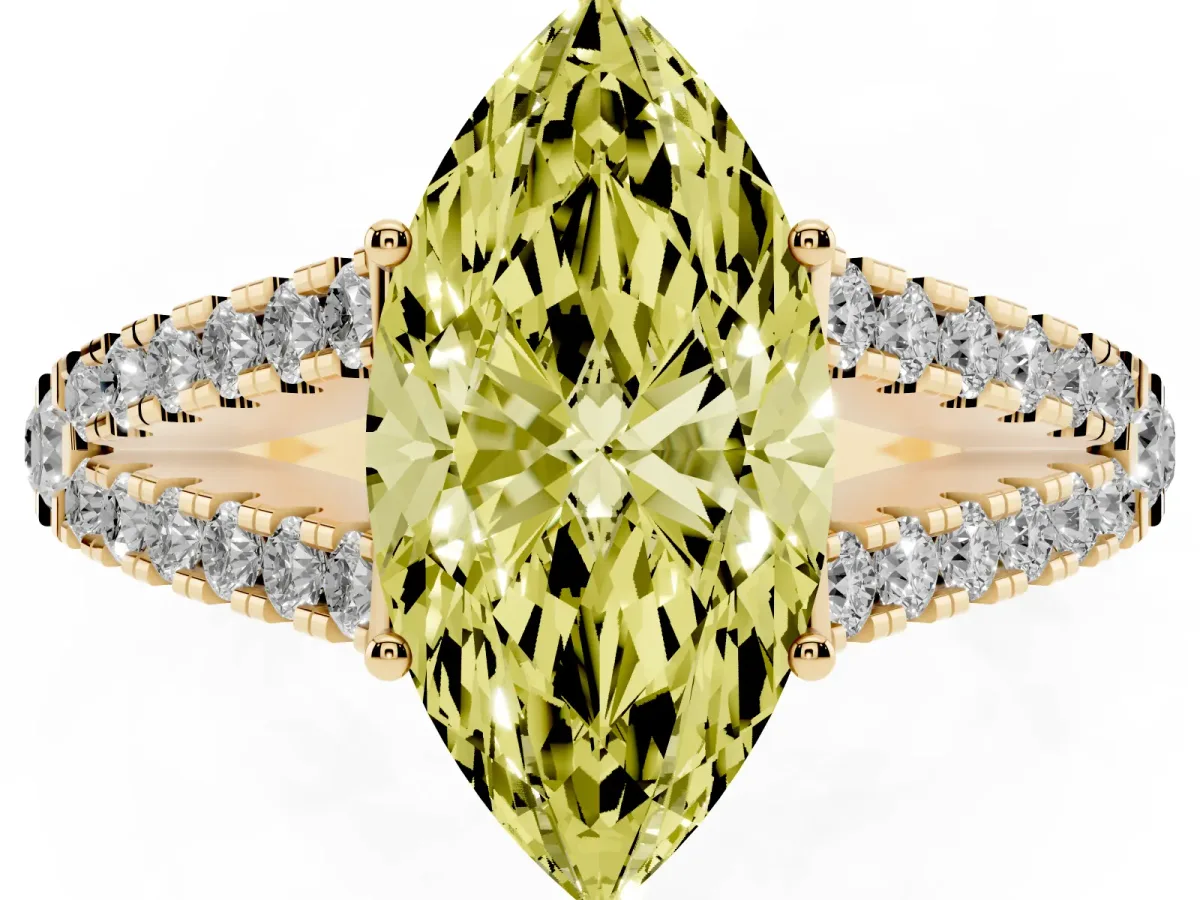 Fancy Yellow Marquise Cut Diamond Split Shank Engagement Ring with Round Pavé and Prong Setting Yellow gold