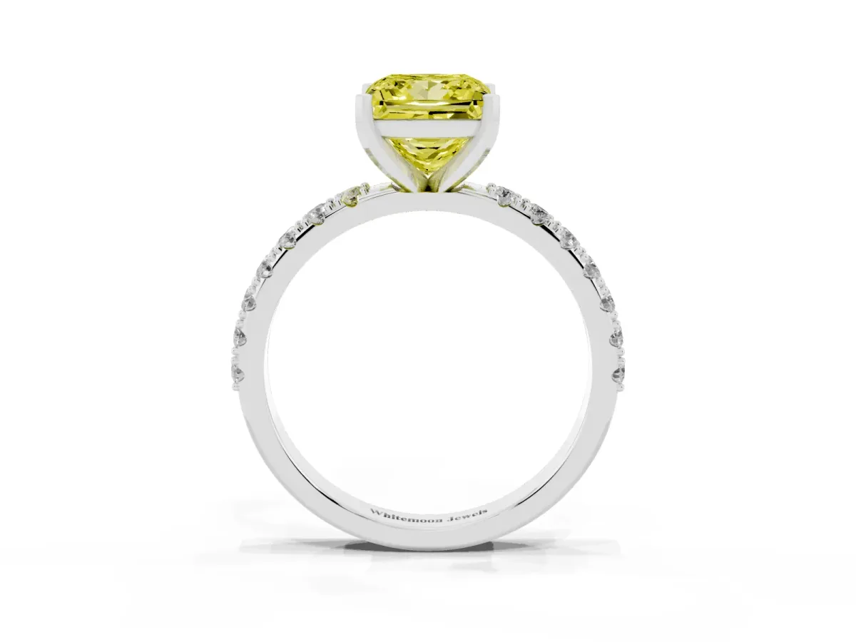 Fancy Yellow Princess Cut Diamond Solitaire Pavé Band with Four-Prong Setting Silver