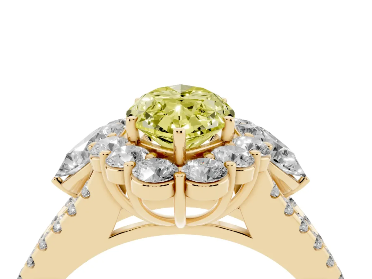 Fancy Yellow Marquise Cut Halo Split Shank Diamond Engagement Ring with Prong Setting Yellow gold