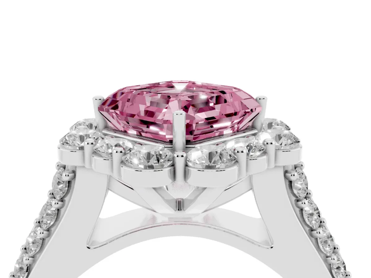Fancy Pink Asscher Cut Halo Diamond Engagement Ring with Split Shank and Prong Setting Silver