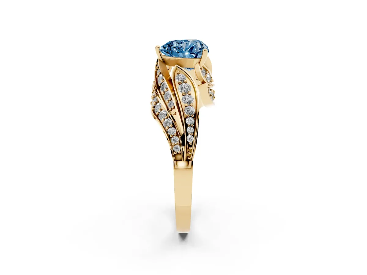 Fancy Blue Heart Cut Diamond Solitaire Ring with Prong Setting and Twisted Pavé Band Yellow gold