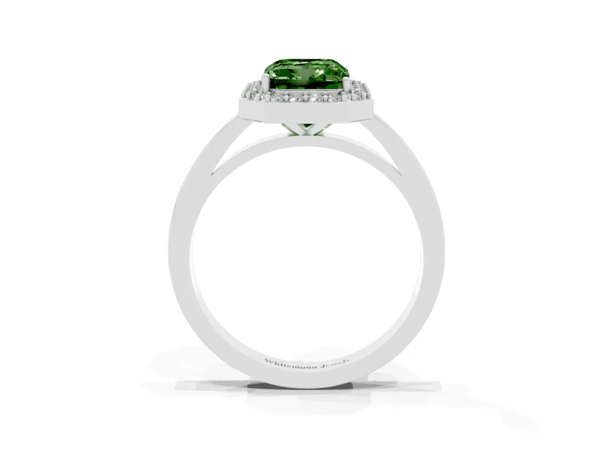 Fancy Green Radiant Cut Halo Diamond Ring with Solitaire Band and Prong Setting White gold