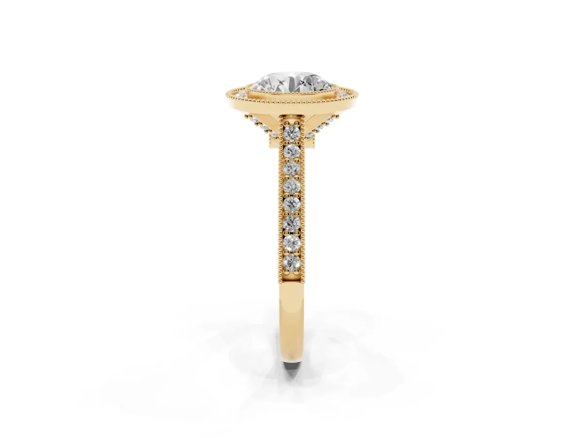 Halo Round Cut-Cut Diamond Pave Band Milgrain Prong Setting Ring Yellow gold