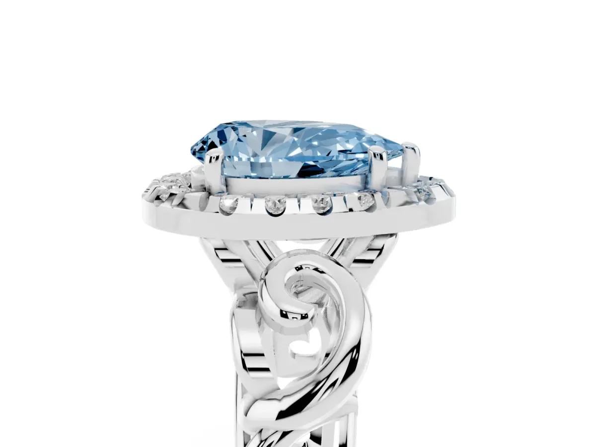 Fancy Blue Pear Cut Cut Halo Diamond Ring with Scrollwork Band and Four-Prong Setting Silver