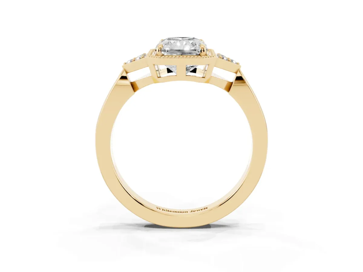Hexagonal Halo Radiant Cut Diamond Solitaire with Pavé Band and Four-Prong Setting Yellow gold