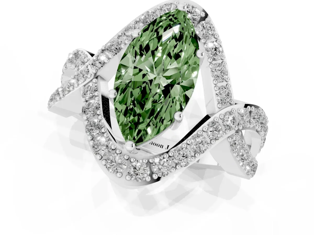 Fancy Green Marquise Cut Solitaire Twist Band Pavé Diamond Engagement Ring Silver