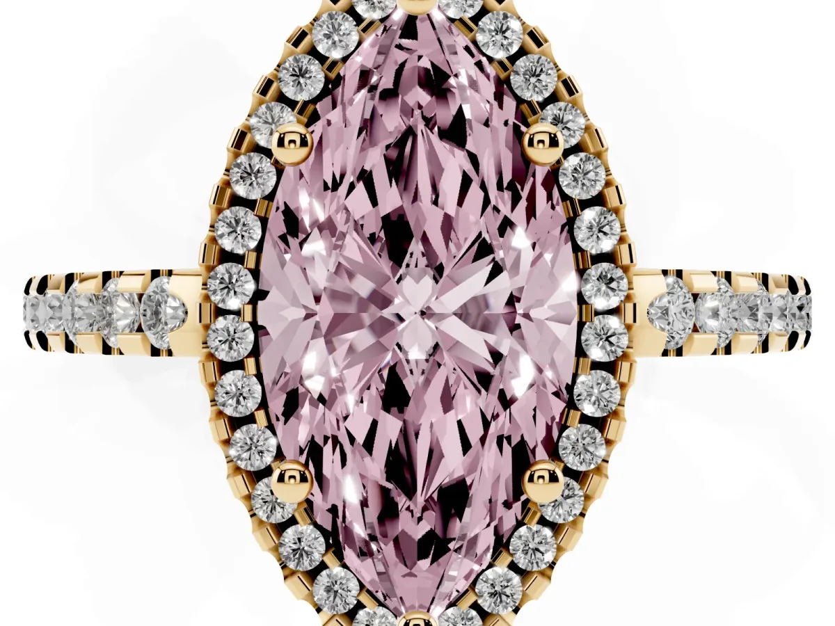Fancy Pink Marquise Cut Diamond Halo Engagement Ring with Pavé Band and Prong Setting Yellow gold