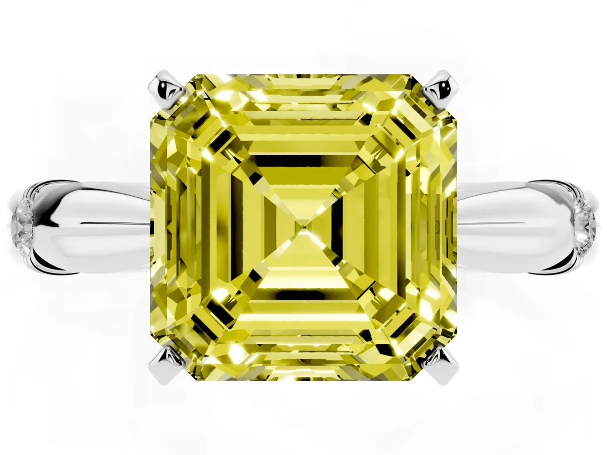 Fancy Yellow Asscher Cut Solitaire Diamond Twisted Band with Four-Prong Setting Silver