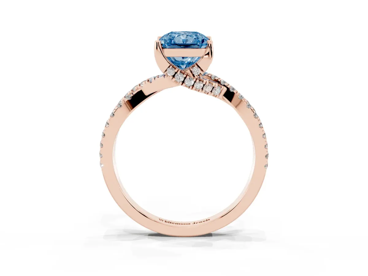 Fancy Blue Radiant Cut Solitaire Twist Pave Diamond Engagement Ring with Prong Setting Rose gold