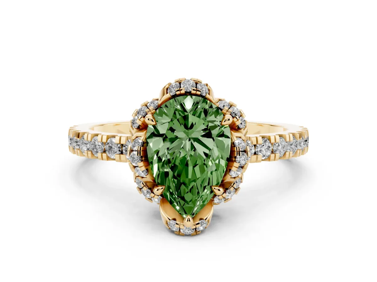 Fancy Green Pear Cut Halo Diamond Pave Band Ring with Four-Prong Setting Yellow gold