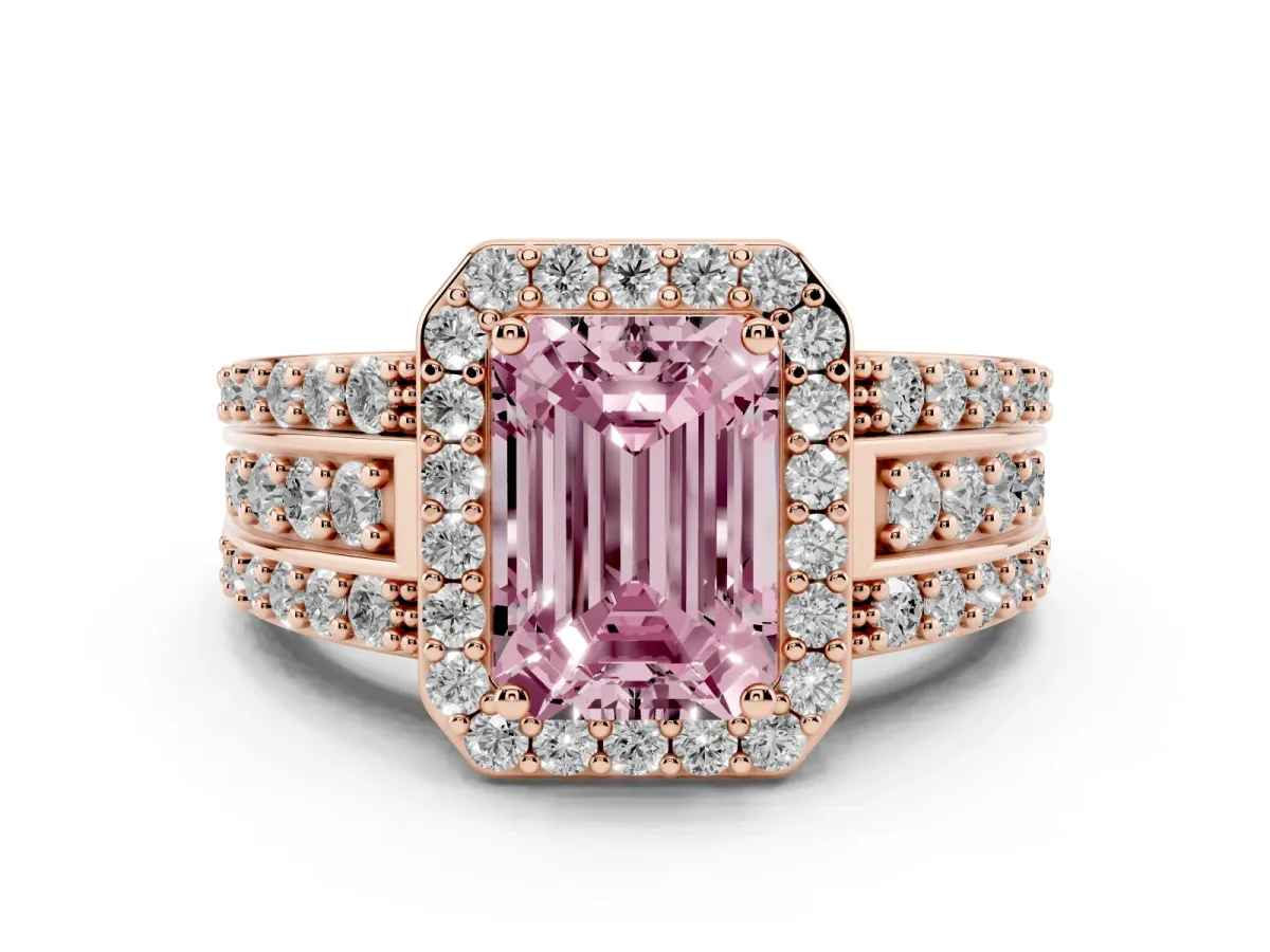 Fancy Pink Emerald Cut Halo Diamond Ring with Round Split Shank and Prong Setting Rose gold