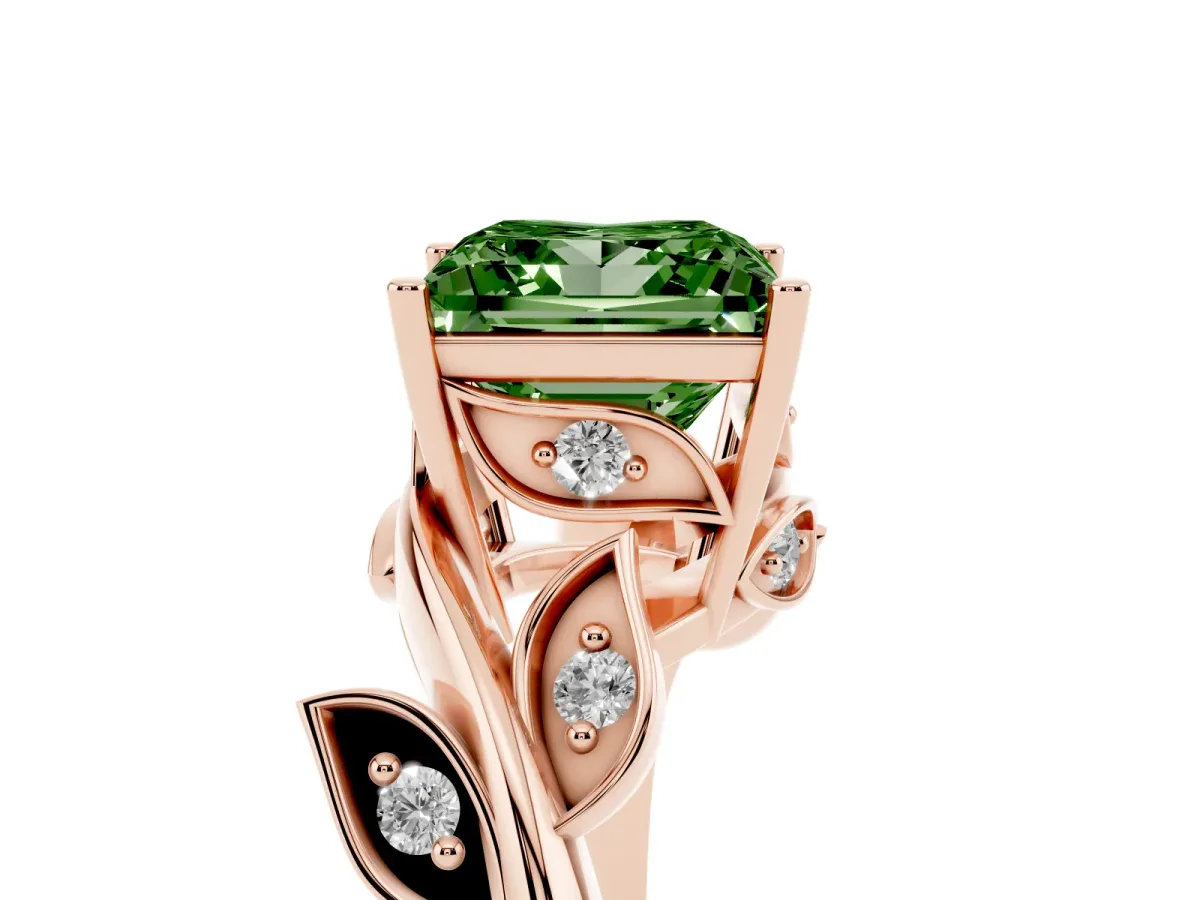Fancy Green Princess Cut Solitaire Twist Engagement Ring with Leaf Accents and Prong Setting Rose gold