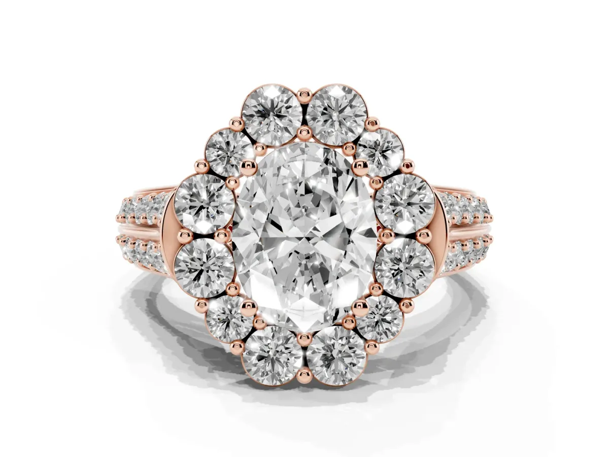 Oval Cut Halo Diamond Engagement Ring with Split Shank and Prong Setting Rose gold