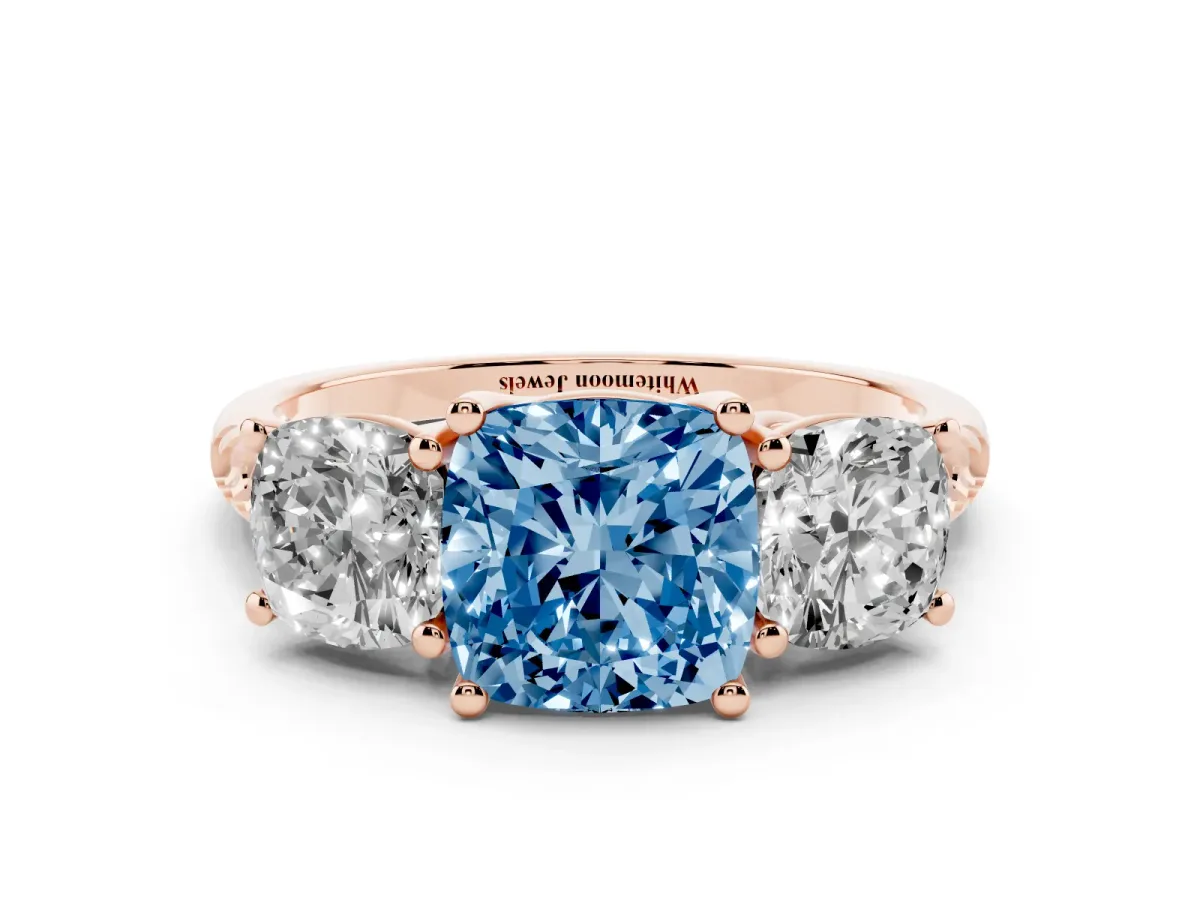 Fancy Blue Three-Stone Cushion Cut Diamond Ring with Round Pavé Band and Prong Setting Rose gold