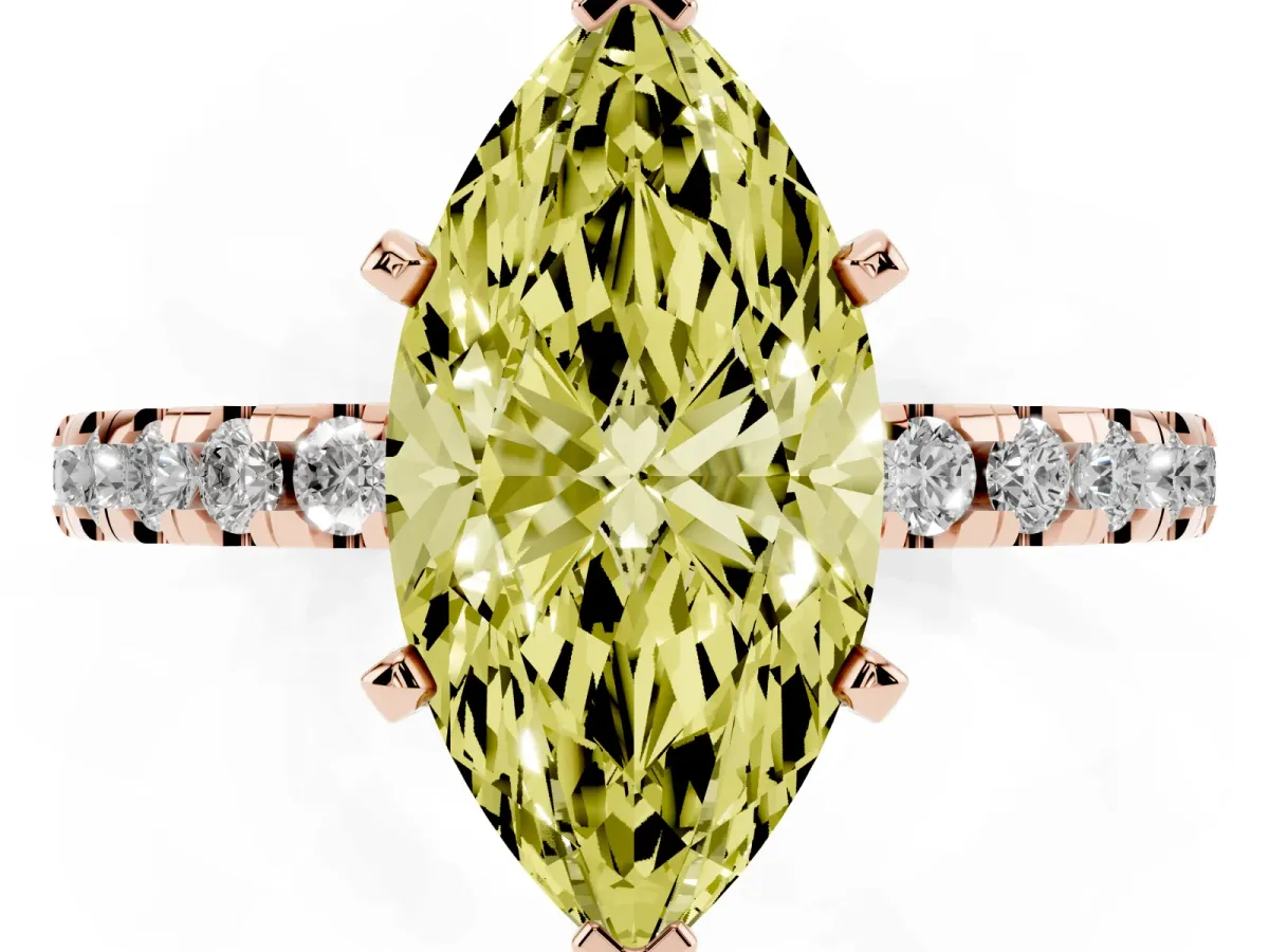 Fancy Yellow Marquise Cut Diamond Solitaire Ring with Round Pavé Band and Four-Prong Setting Rose gold