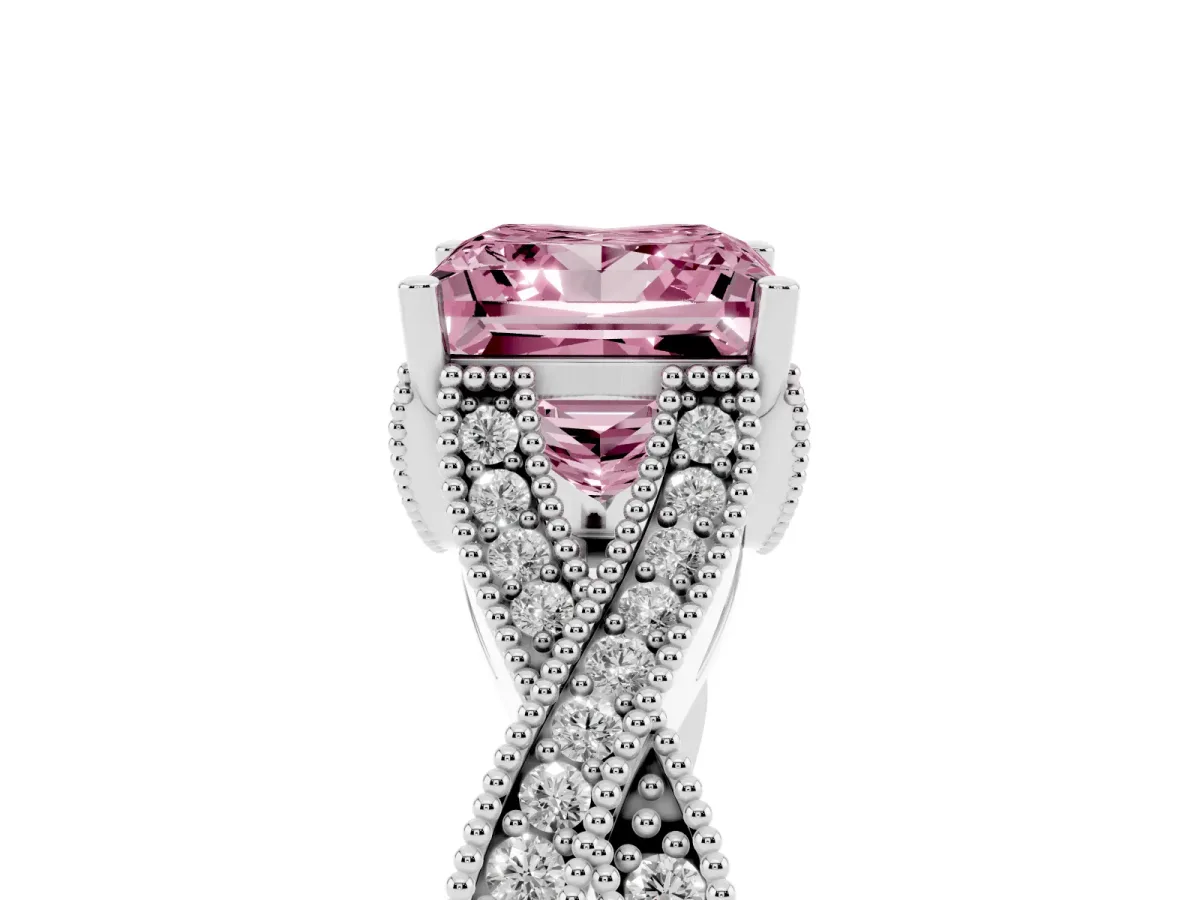 Fancy Pink Princess Cut Cut Diamond Twisted Band with Milgrain Pave Setting and Four-Prong Setting Platinum