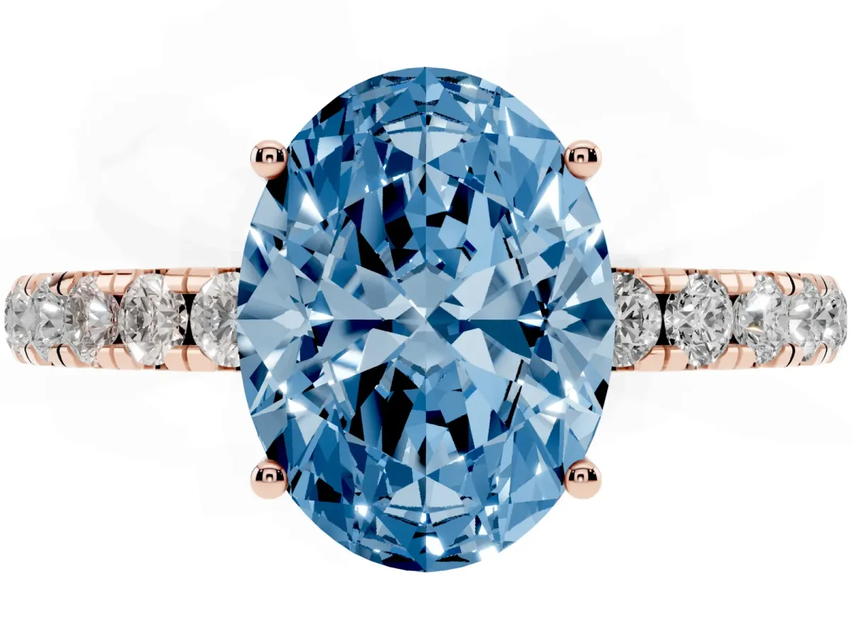 Fancy Blue Oval Cut Diamond Pavé Solitaire Engagement Ring with Four-Prong Setting Rose gold