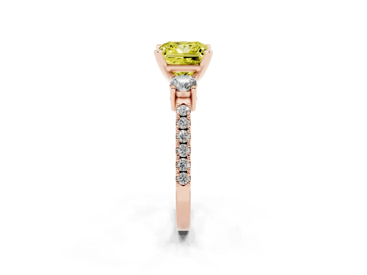 Fancy Yellow Princess Cut Three-Stone Diamond Pavé Band with Prong Setting Rose gold