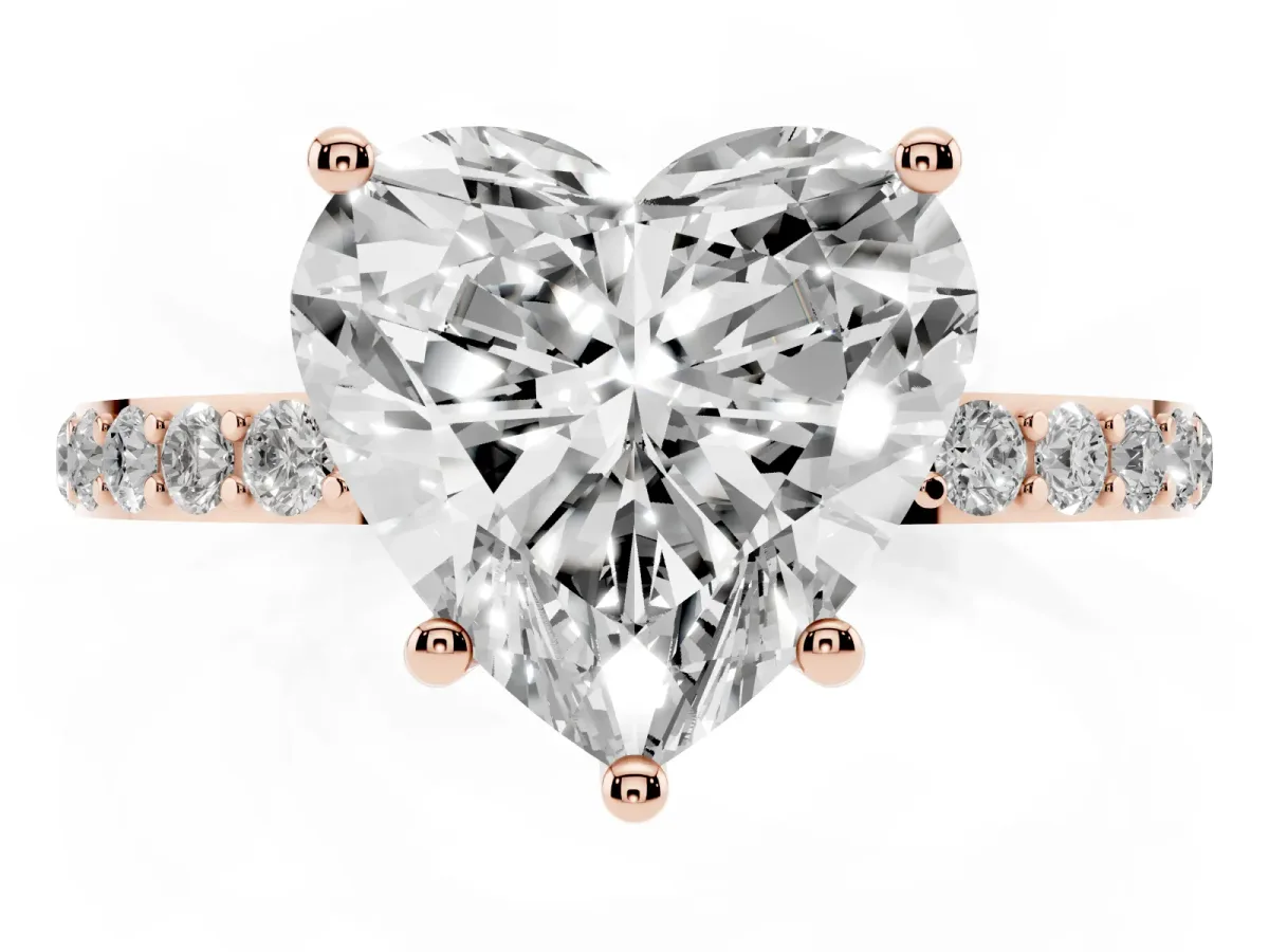 Heart Cut Diamond Solitaire Ring with Round Pavé Shoulders and Prong Setting Rose gold