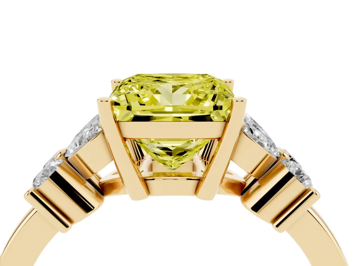 Fancy Yellow Princess Cut Diamond Floral Cluster Ring with Solitaire Band and Prong Setting Yellow gold