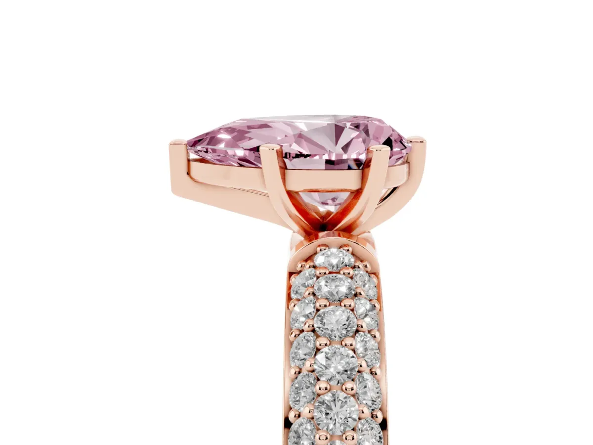 Fancy Pink Pear Cut Diamond Solitaire Ring with Prong Setting and Pavé Band Rose gold