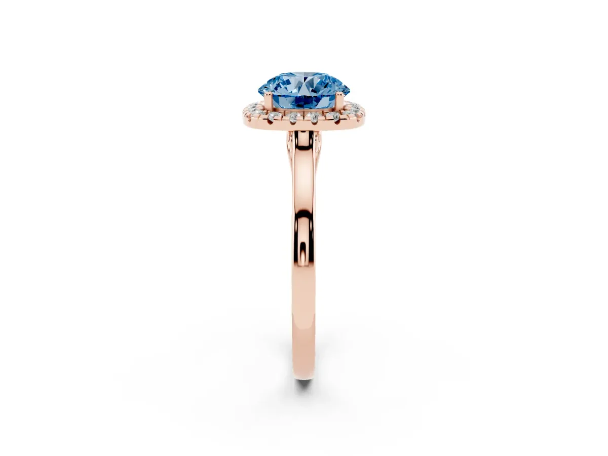 Fancy Blue Round Cut Halo Round Diamond Solitaire Ring with Pavé Band and Four-Prong Setting Rose gold