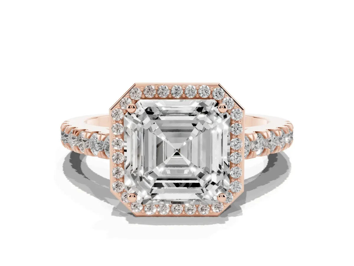 Asscher Cut Cut Halo Diamond Engagement Ring with Pave Band and Four-Prong Setting Rose gold