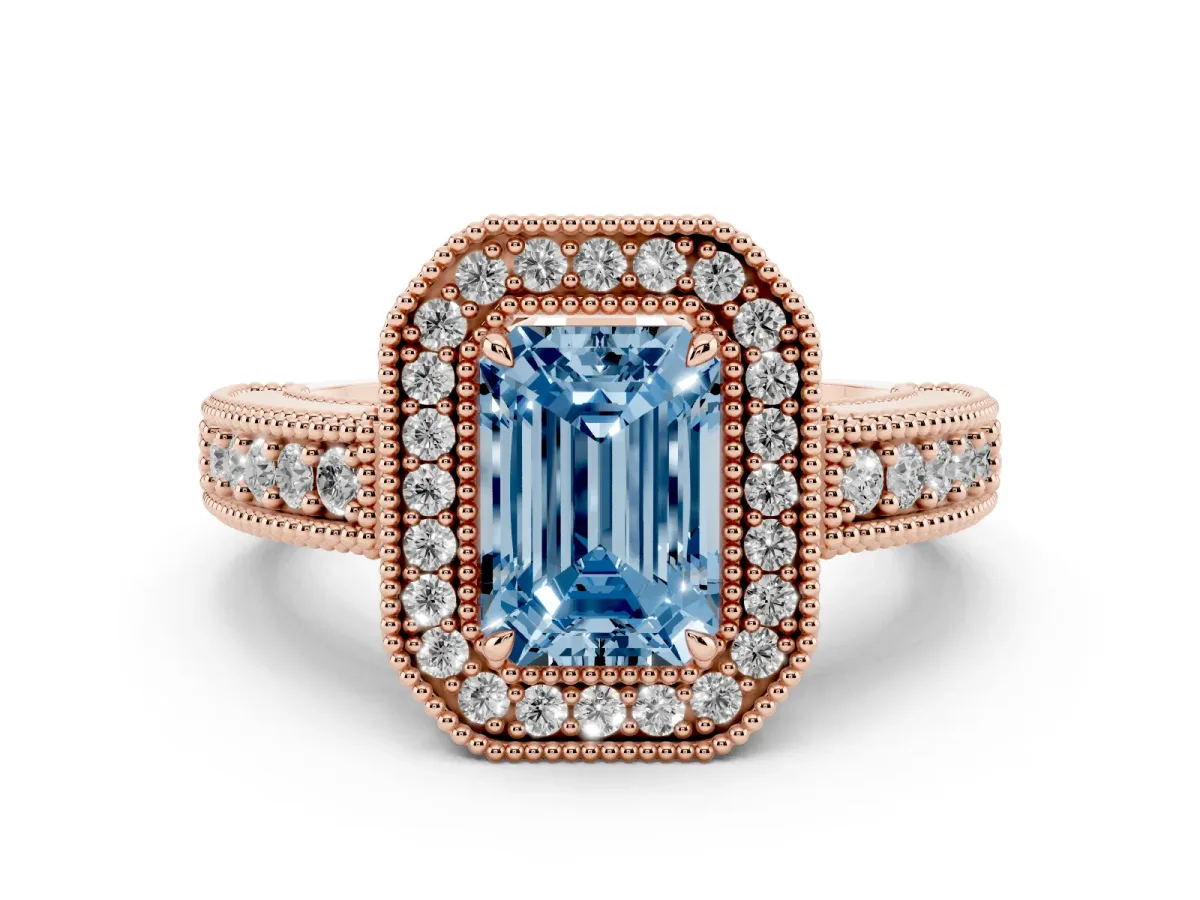 Fancy Blue Emerald Cut Cut Halo Diamond Ring with Pavé Band and Four-Prong Setting Rose gold