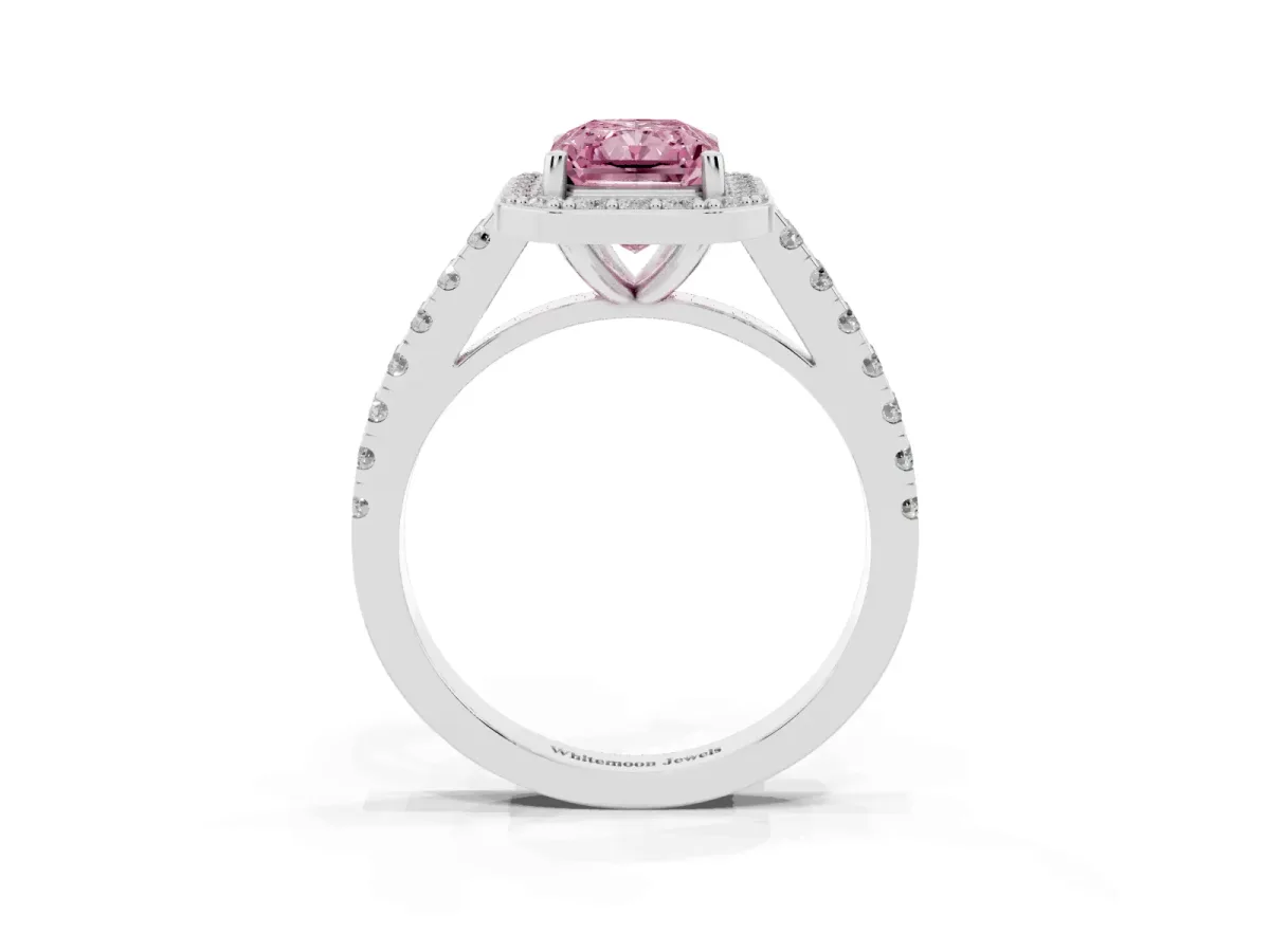 Fancy Pink Radiant Cut Diamond Halo Ring with Round Pavé Split Shank and Prong Setting Silver