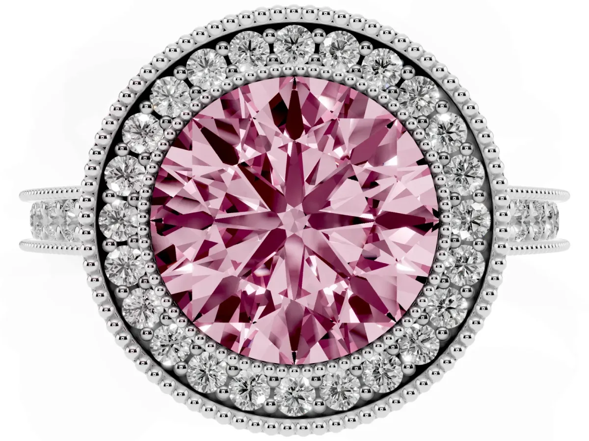 Fancy Pink Halo Round Cut-Cut Diamond Pave Band Milgrain Prong Setting Ring Platinum