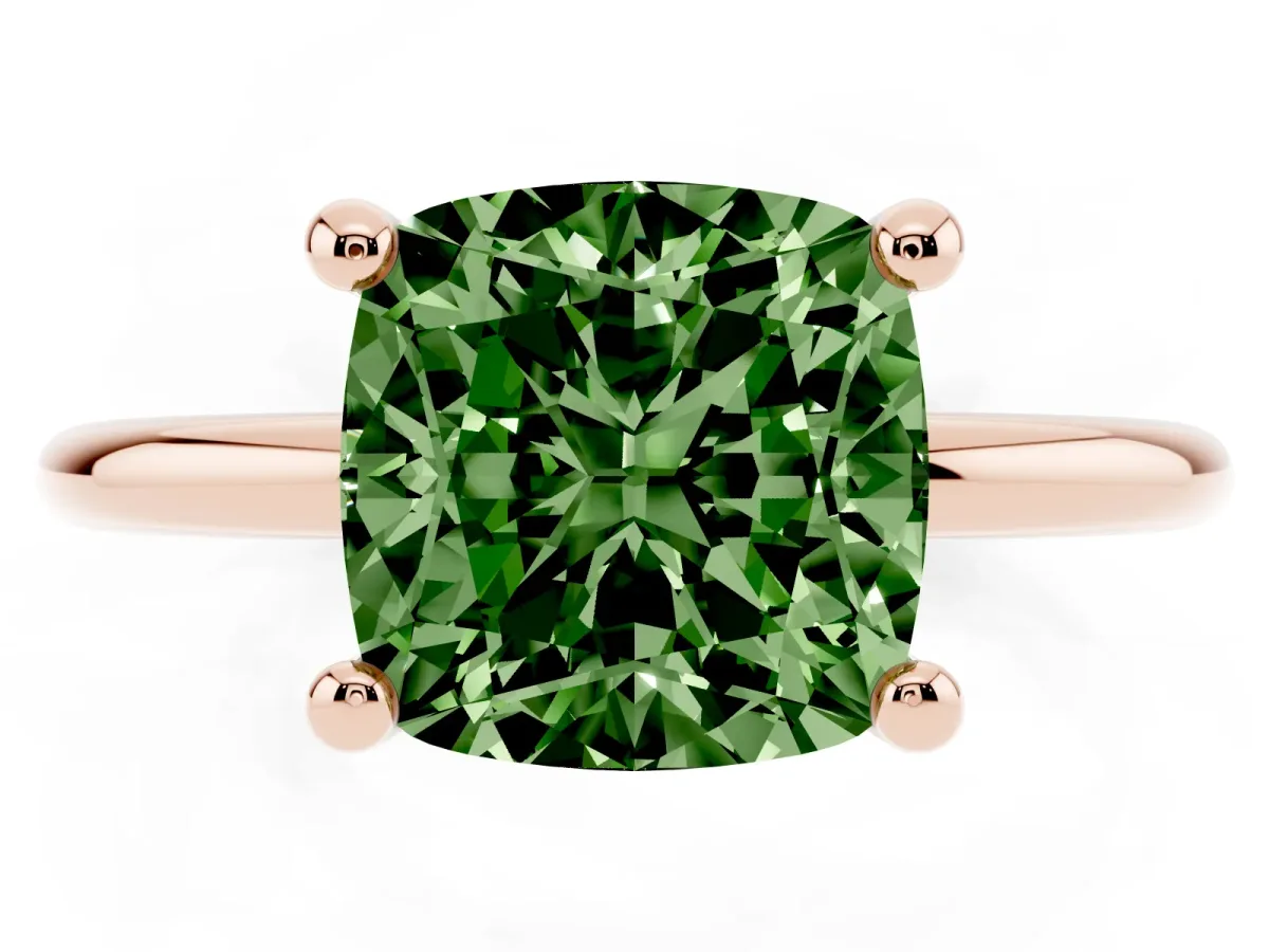 Fancy Green Cushion Cut Solitaire Diamond Ring with 4-Prong Setting on a Classic Band Rose gold
