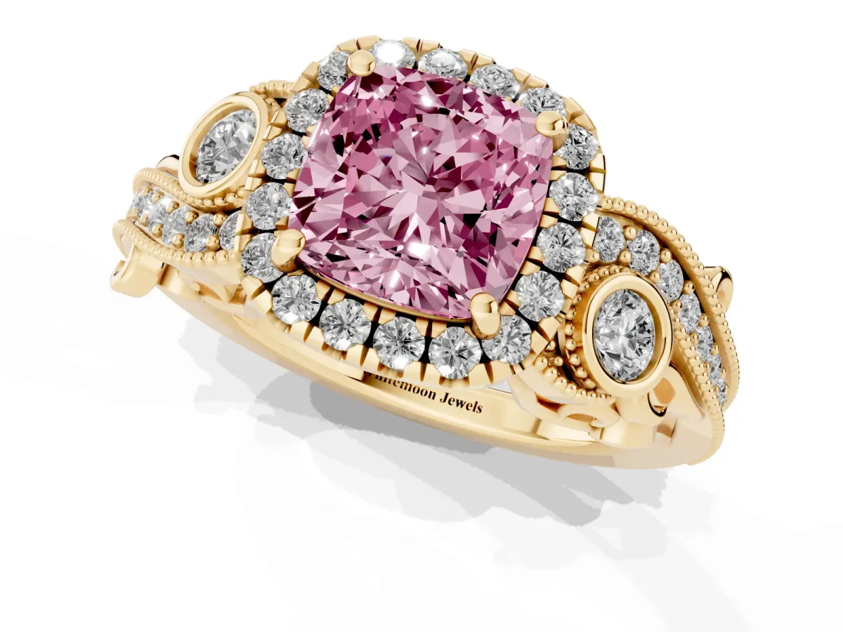 Fancy Pink Cushion Cut Diamond Halo Ring with Milgrain Pavé Band and Four-Prong Setting Yellow gold