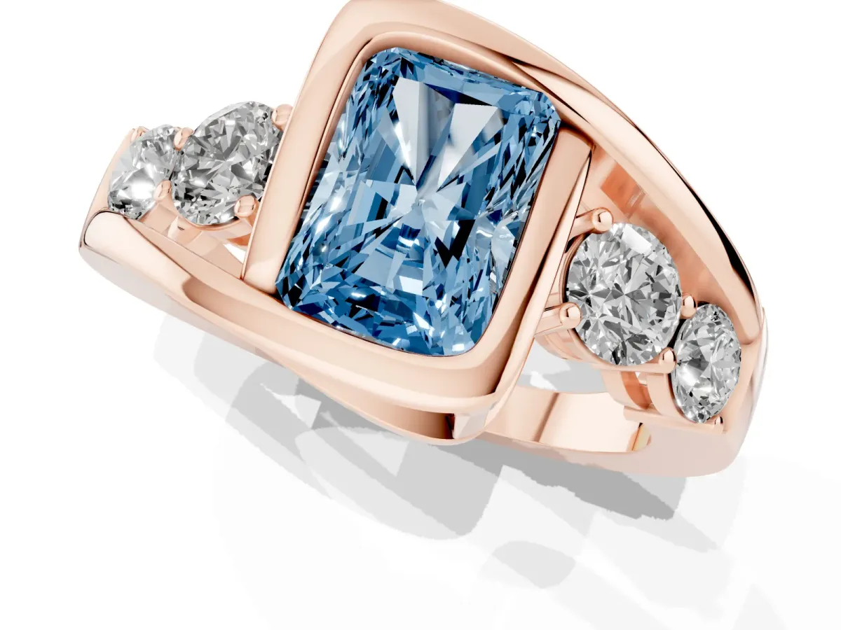 Fancy Blue Bezel Set Radiant Cut Diamond Bypass Ring with Round Accents Rose gold