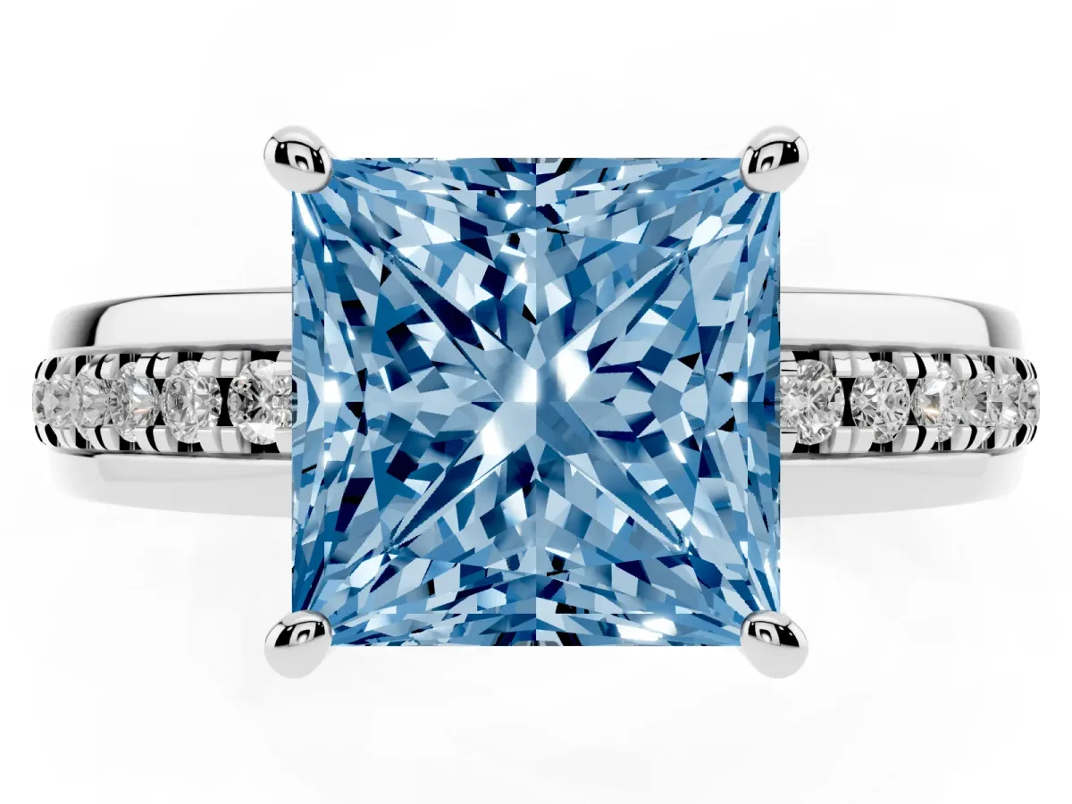Fancy Blue Princess Cut Solitaire Diamond Ring with Channel Set Band and Six-Prong Setting Silver