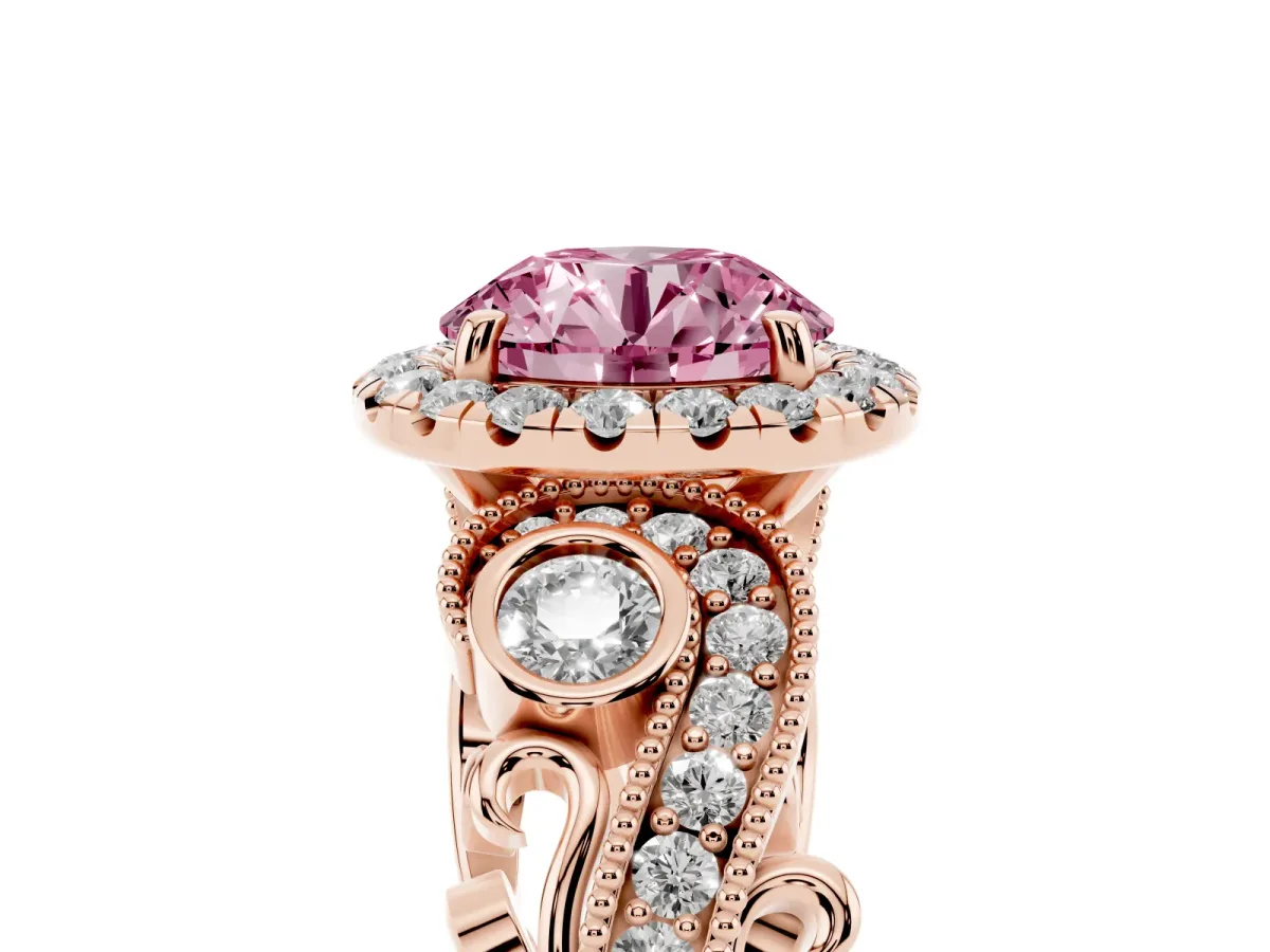 Fancy Pink Round Cut Diamond Halo Ring with Milgrain Pavé Band and Four-Prong Setting Rose gold
