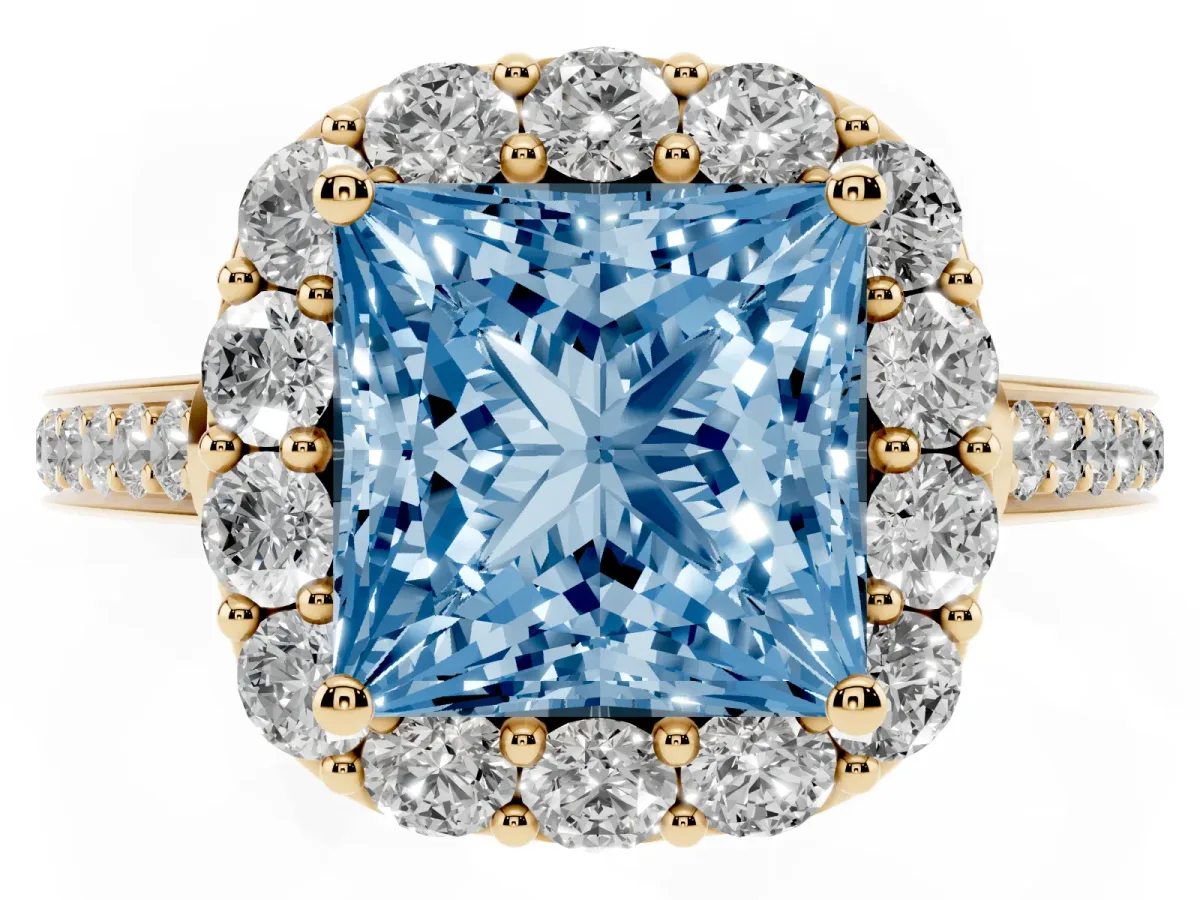 Fancy Blue Princess Cut Diamond Floral Halo Ring with Pavé Band and Prong Setting Yellow gold